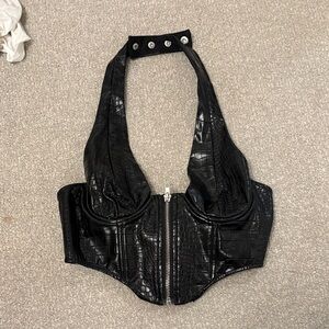 Edikted Black Croc-Embossed Halter Tank Top